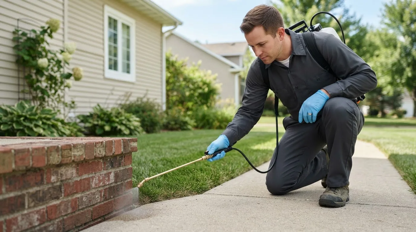 Pest control technician treating a home near Lake Park, IA