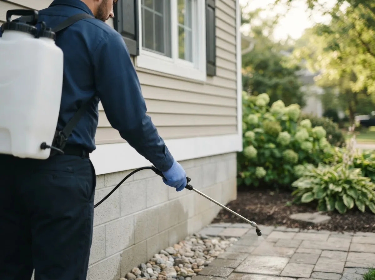 Pest control technician inspecting a home in Lake Park, IA